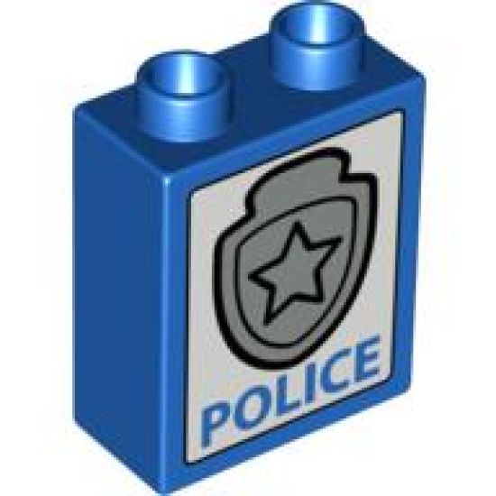 Duplo, Brick 1 x 2 x 2 with Star Badge Silver and 'POLICE' on Bottom Pattern