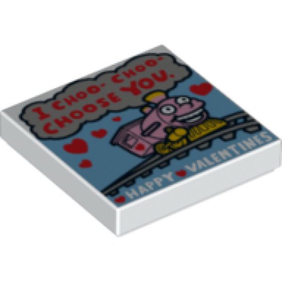 Tile 2 x 2 with Dark Red 'I CHOO- CHOO- CHOOSE YOU.', White 'HAPPY VALENTINES', Red Hearts and Bright Pink and Yellow Train Pattern