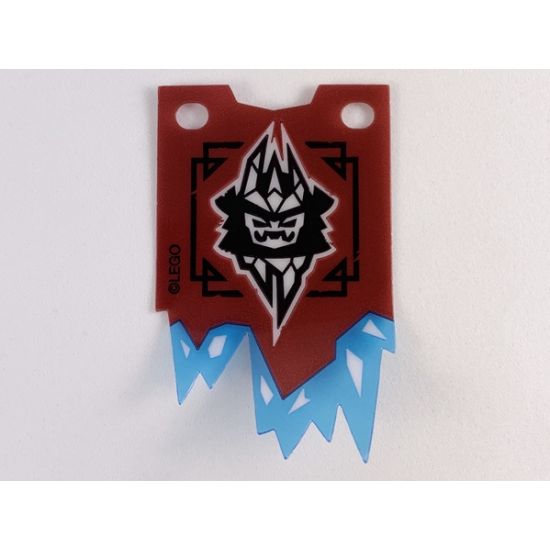 Plastic Part for Set 70678 - Dark Red Tattered Flag with Black and White Ice Emperor Crest and Trans-Light Blue Icicles, LEGO Copyright on Left Pattern