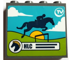 Panel 1 x 4 x 3 with Side Supports - Hollow Studs with 'HLC' and Jumping Horse on TV Screen Pattern (Sticker) - Set 41367