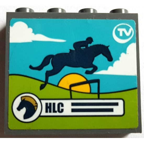 Panel 1 x 4 x 3 with Side Supports - Hollow Studs with 'HLC' and Jumping Horse on TV Screen Pattern (Sticker) - Set 41367