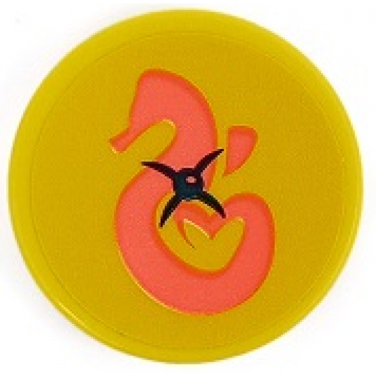 Tile, Round 2 x 2 with Bottom Stud Holder with Cushion with Black Button and Coral Seahorse Pattern (Sticker) - Set 41381