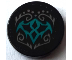 Tile, Round 2 x 2 with Bottom Stud Holder with Dark Bluish Gray Elves Scrollwork and Dots and Dark Turquoise Bat Wings Pattern (Sticker) - Set 41195