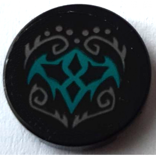 Tile, Round 2 x 2 with Bottom Stud Holder with Dark Bluish Gray Elves Scrollwork and Dots and Dark Turquoise Bat Wings Pattern (Sticker) - Set 41195