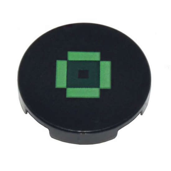 Tile, Round 2 x 2 with Bottom Stud Holder with Pixelated Bright Green Rectangles and Dark Green Square Pattern (Minecraft Music Disc / Record)