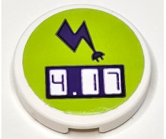 Tile, Round 2 x 2 with Bottom Stud Holder with Dark Purple Electric Charging Point Lightning Bolt and Digital '4.17' on Lime Background Pattern (Sticker) - Set 41350
