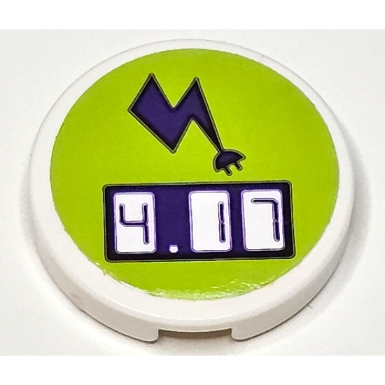 Tile, Round 2 x 2 with Bottom Stud Holder with Dark Purple Electric Charging Point Lightning Bolt and Digital '4.17' on Lime Background Pattern (Sticker) - Set 41350