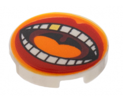 Tile, Round 2 x 2 with Bottom Stud Holder with Large Mouth, Red Lips, Orange Tongue, White Teeth with Gold Tooth Pattern