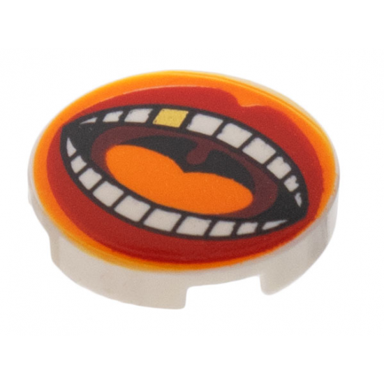 Tile, Round 2 x 2 with Bottom Stud Holder with Large Mouth, Red Lips, Orange Tongue, White Teeth with Gold Tooth Pattern