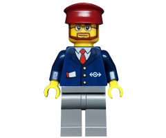 Dark Blue Suit with Train Logo, Dark Bluish Gray Legs, Dark Red Hat, Beard and Glasses