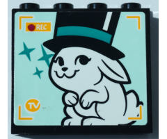 Panel 1 x 4 x 3 with Side Supports - Hollow Studs with White Rabbit in Top Hat, 'REC' and Dark Turquoise Stars on TV Screen Pattern (Sticker) - Set 41368