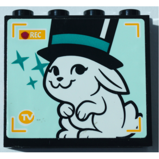 Panel 1 x 4 x 3 with Side Supports - Hollow Studs with White Rabbit in Top Hat, 'REC' and Dark Turquoise Stars on TV Screen Pattern (Sticker) - Set 41368