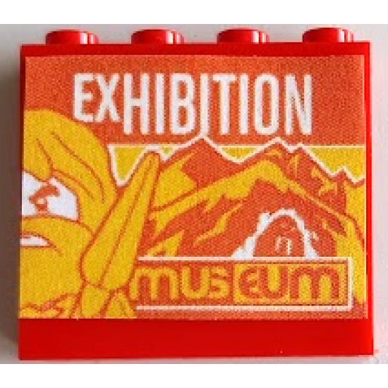 Panel 1 x 4 x 3 with Side Supports - Hollow Studs with 'EXHIBITION', 'museum', Mountains and Caveman with Pike / Spear Pattern (Sticker) - Set 60200