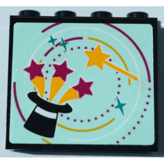 Panel 1 x 4 x 3 with Side Supports - Hollow Studs with Bright Light Orange Magic Wand and Black Top Hat with Magenta Stars on Light Aqua Background Pattern (Sticker) - Set 41368