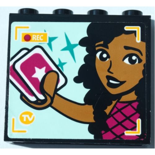 Panel 1 x 4 x 3 with Side Supports - Hollow Studs with Friends Minifigure Holding Playing Cards, 'REC' and Dark Turquoise Stars on TV Screen Pattern (Sticker) - Set 41368