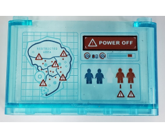 Windscreen 1 x 6 x 3 with 'POWER OFF', Blue and Red Minifigures, Map of Island with 'RESTRICTED AREA' and Warning Triangles Pattern (Sticker) - Set 75939