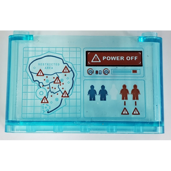 Windscreen 1 x 6 x 3 with 'POWER OFF', Blue and Red Minifigures, Map of Island with 'RESTRICTED AREA' and Warning Triangles Pattern (Sticker) - Set 75939