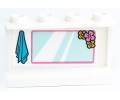 Panel 1 x 4 x 2 with Side Supports - Hollow Studs with Medium Azure Towel and Light Aqua Mirror with Flowers and Dark Pink Border Pattern (Sticker) - Set 41429