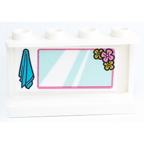 Panel 1 x 4 x 2 with Side Supports - Hollow Studs with Medium Azure Towel and Light Aqua Mirror with Flowers and Dark Pink Border Pattern (Sticker) - Set 41429