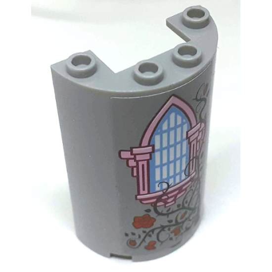 Cylinder Half 2 x 4 x 5 with 1 x 2 Cutout with Bright Light Blue Window with Bright Pink Frame, Red Roses and Dark Green Vines Pattern (Sticker) - Set 41152
