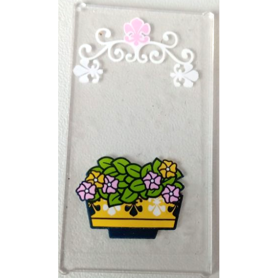 Glass for Window 1 x 4 x 6 with Flowerpot, Lime Leaves, Bright Pink and Yellow Flowers and White Scrollwork Pattern (Sticker) - Set 41426