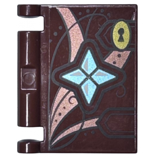 Minifigure, Utensil Book Cover with Gold Key Lock, Metallic Light Blue Crystals, Copper Accents, Dark Brown Lines Pattern