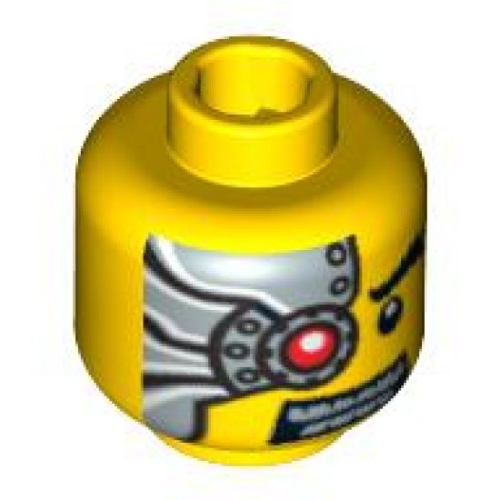 Minifigure, Head Alien with Mechanical Right Eye Red, Silver Head Plate Pattern - Hollow Stud
