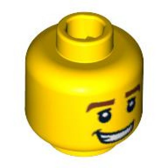 Minifigure, Head Male Thick Reddish Brown Eyebrows, White Pupils and Lopsided Grin with Teeth Pattern - Hollow Stud