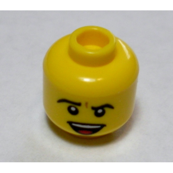 Minifigure, Head Male Black Eyebrows Furrowed, Open Mouth Smile with Teeth and Tongue, White Pupils Pattern - Hollow Stud