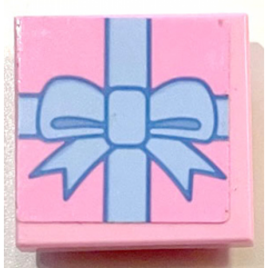 Tile, Modified 2 x 2 Inverted with Gift Wrap Bright Light Blue Bow Pattern (Sticker) - Set 41453