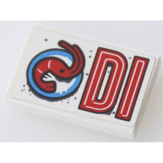 Tile 2 x 3 with Red 'DI' (DInER Left Half) and Shrimp on Plate Pattern Model Right Side (Sticker) - Set 70422