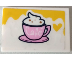 Tile 2 x 3 with Bright Pink Cup with Cream, 'Café' (Cafe) and Yellow Heart Pattern (Sticker) - Set 41426