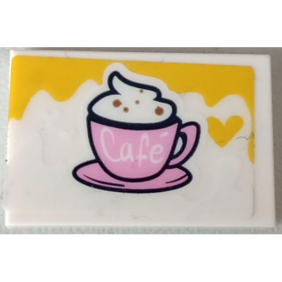 Tile 2 x 3 with Bright Pink Cup with Cream, 'Café' (Cafe) and Yellow Heart Pattern (Sticker) - Set 41426