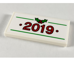 Tile 2 x 4 with Red '2019', Green Lines and Holly with Red Berries Pattern (Sticker) - Set 40337