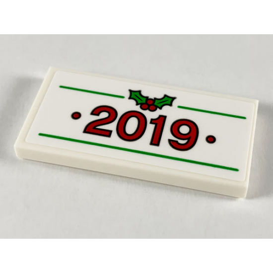 Tile 2 x 4 with Red '2019', Green Lines and Holly with Red Berries Pattern (Sticker) - Set 40337