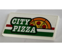 Tile 2 x 4 with 'CITY PIZZA', Red and Green Stripes and Orange, Black and Yellow Half Pizza Pattern (Sticker) - Set 60292