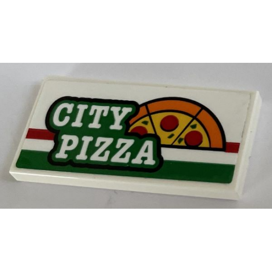 Tile 2 x 4 with 'CITY PIZZA', Red and Green Stripes and Orange, Black and Yellow Half Pizza Pattern (Sticker) - Set 60292