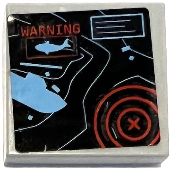 Tile 2 x 2 with Black and Medium Blue Radar Screen with Lines, Ship, Shark, and Red 'WARNING' and Circles Pattern (Sticker) - Set 60096