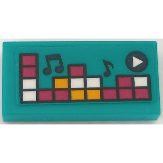 Tile 1 x 2 with Magenta, White and Bright Light Orange Rectangles, Play Button, and Music Notes Pattern (Sticker) - Set 41390