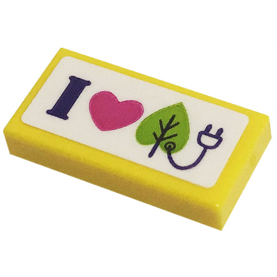 Tile 1 x 2 with Dark Purple Letter I, Dark Pink Heart, Lime Leaf and Power Plug Pattern (Sticker) - Set 41443