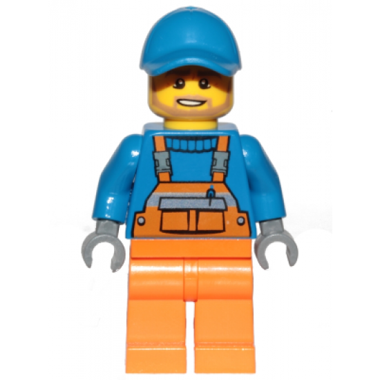 Overalls with Safety Stripe Orange, Orange Legs, Blue Short Bill Cap, Dark Tan Angular Beard