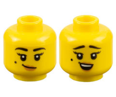 Minifigure, Head Dual Sided Female Black Eyebrows and Beauty Mark, Medium Nougat Lips, Lopsided Grin / Surprised Pattern - Hollow Stud