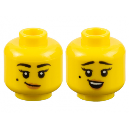 Minifigure, Head Dual Sided Female Black Eyebrows and Beauty Mark, Medium Nougat Lips, Lopsided Grin / Surprised Pattern - Hollow Stud