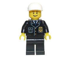Police - City Suit with Blue Tie and Badge, Black Legs, White Short Bill Cap, Open Grin
