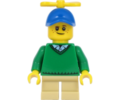Boy - Freckles, Green Sweater V-Neck over Button Down Shirt Collar with 1 Button, Tan Short Legs, Blue Cap with Tiny Yellow Propeller