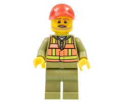 Train Driver - Orange Safety Vest with Lime Straps, Olive Green Legs, Red Cap with Hole, Beard Dark Tan Angular