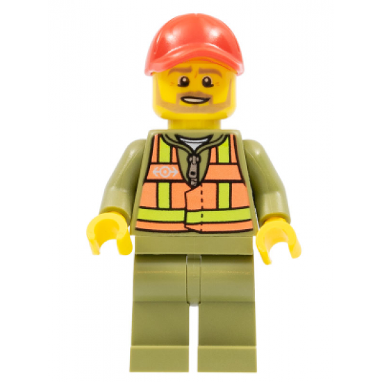 Train Driver - Orange Safety Vest with Lime Straps, Olive Green Legs, Red Cap with Hole, Beard Dark Tan Angular