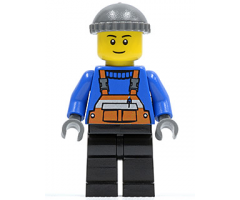 Overalls with Safety Stripe Orange, Black Legs, Dark Bluish Gray Knit Cap, Black Legs, Black Eyebrows, Thin Grin