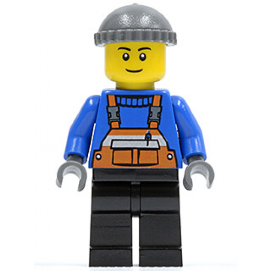 Overalls with Safety Stripe Orange, Black Legs, Dark Bluish Gray Knit Cap, Black Legs, Black Eyebrows, Thin Grin