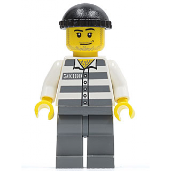 Police - Jail Prisoner 50380 Prison Stripes, Dark Bluish Gray Legs, Black Knit Cap, Smirk and Stubble Beard